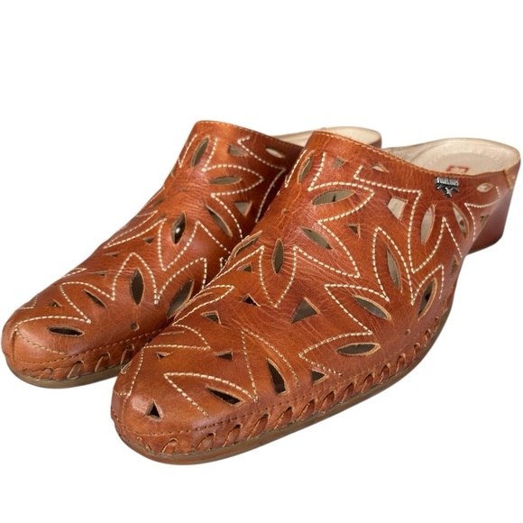 PIKOLINOS Mules Size 8.5 EU 39 Brown Leather Laser Cut Clog Shoe Low Heels SPAIN - Picture 4 of 9